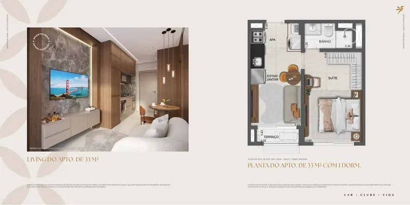 Planta: Apartamento de 33 m², 1 dormitório
