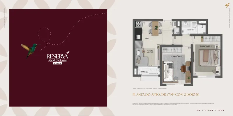 Planta: Apartamento de 47 m², 2 dormitórios
