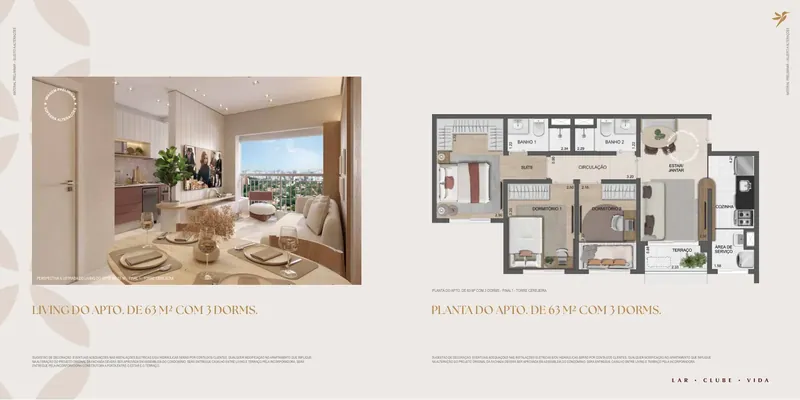 Planta: Apartamento de 3 dormitórios (cerca de 64 m²)