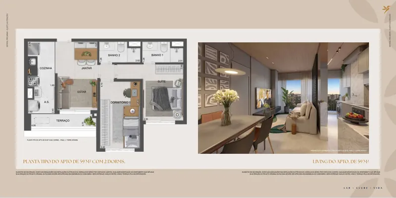 Planta: Apartamento de 59 m², 2 dormitórios