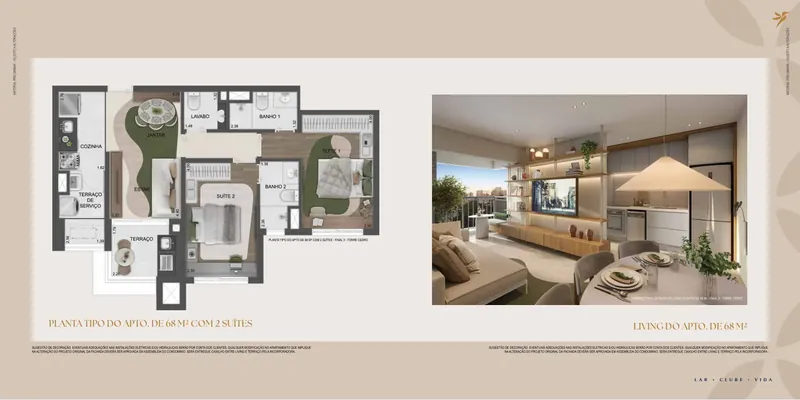 Planta: Apartamento de 68 m², 2 suítes